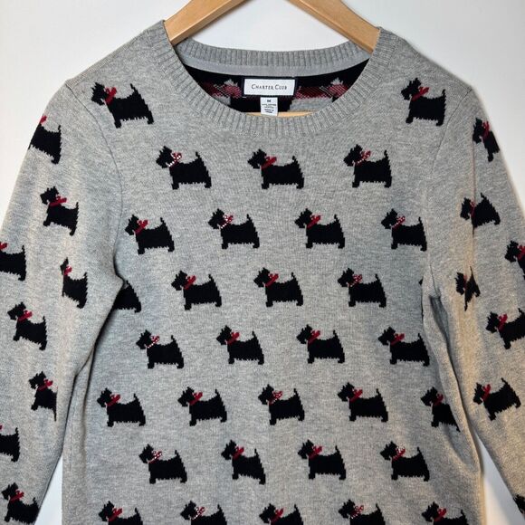 Charter Club Womens Sweater Scottie Dog Print Medium Gray Rhinestones Preppy - Picture 3 of 13
